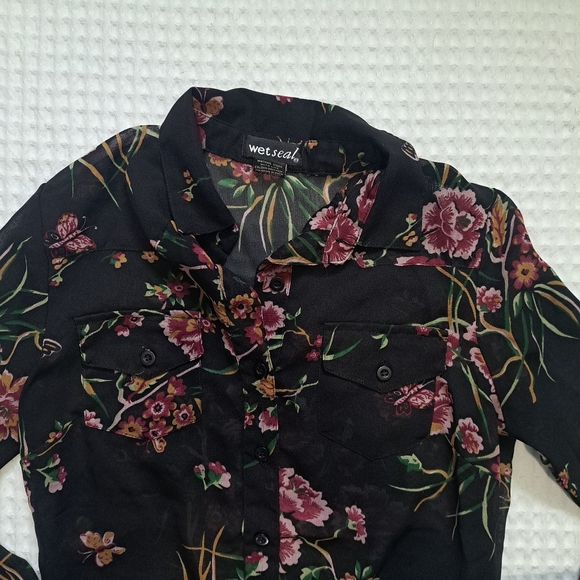 Wet Seal Black Floral Sheer Blouse - Picture 2 of 6